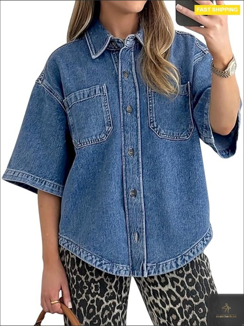 Oversized Denim Button Down Shirt Lightweight Chambray Blouse with Pockets